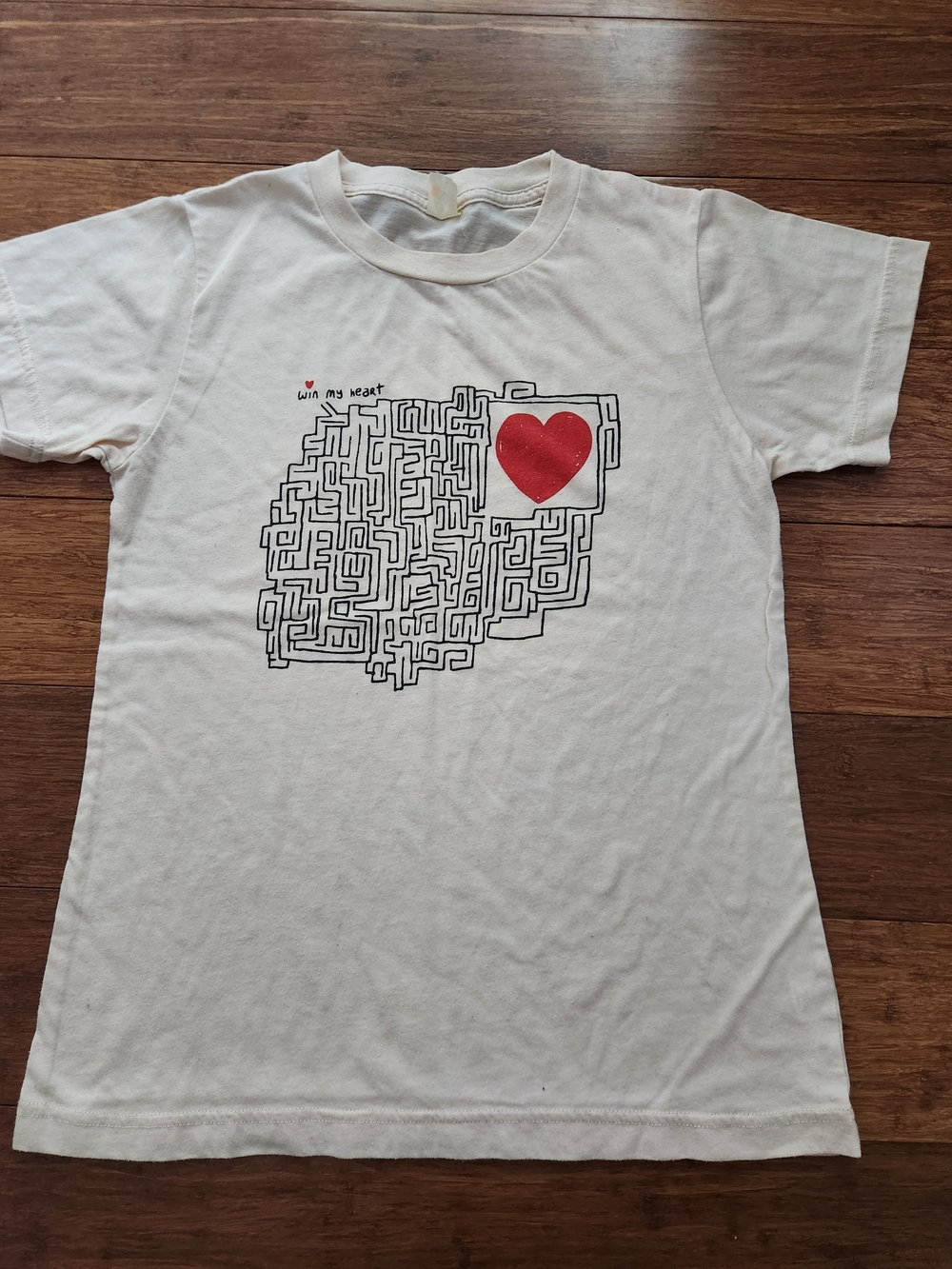 Vintage Womens Juniors Cream Funny Graphic Heart Maze Tee Shirt Tshirt, XL